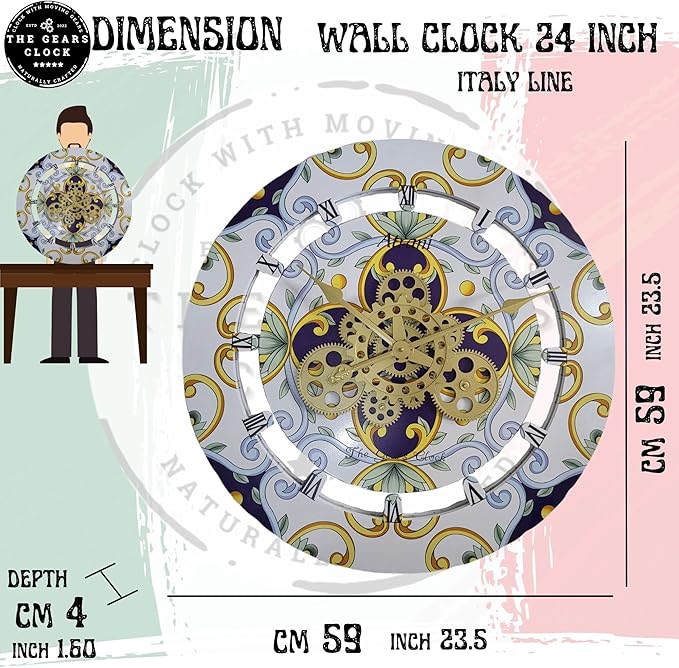 The Gears Clock Wall Clock Italy Collection with Moving Gears (Tramonti, 24 inch Round)