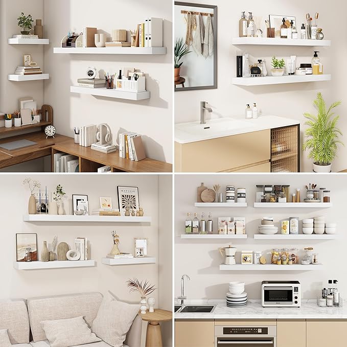 fuqing Floating Shelves for Wall, Bathroom Shelf Wall Mounted for Storage, Shelves with Invisible Bracket for Bedroom, Kitchen, Living Room, Farmhouse Small Book Shelf, 48 Inch Set of 2, White