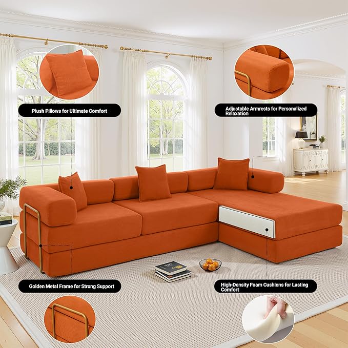 108" Oversized Convertible Sleeper Sofa Bed, Corduroy L Shape Sectional Couch, Folding Sofa Bed with Side Pocket, Modern Cloud Floor Mattress Couch, Modular Sofa for Living Room, Orange