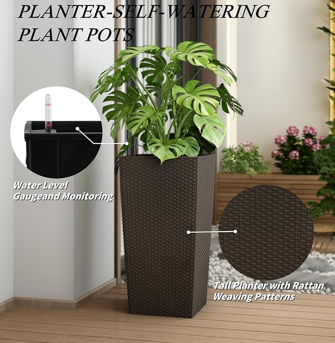 30in Tall Large Plant Pots Planter-Self-Watering Indoor/Outdoor Planting with Drain Holes, Water Level Monitor, Inner Bucket for Front Porch Patio, Brown Large
