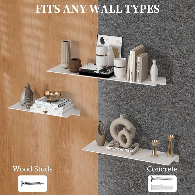 JOOM White Floating Shelves for Wall Storage, Metal Wall Shelves for Living Room, Bathroom, Kitchen, 20” Long Display Shelves for Collectibles(2 PCS)