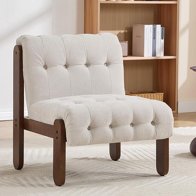 Modern Armless Accent Chair Set of 2 for Living Room, Beige Linen Button Tufted Upholstered Lounge Reading Chair with Walnut Wood Frame