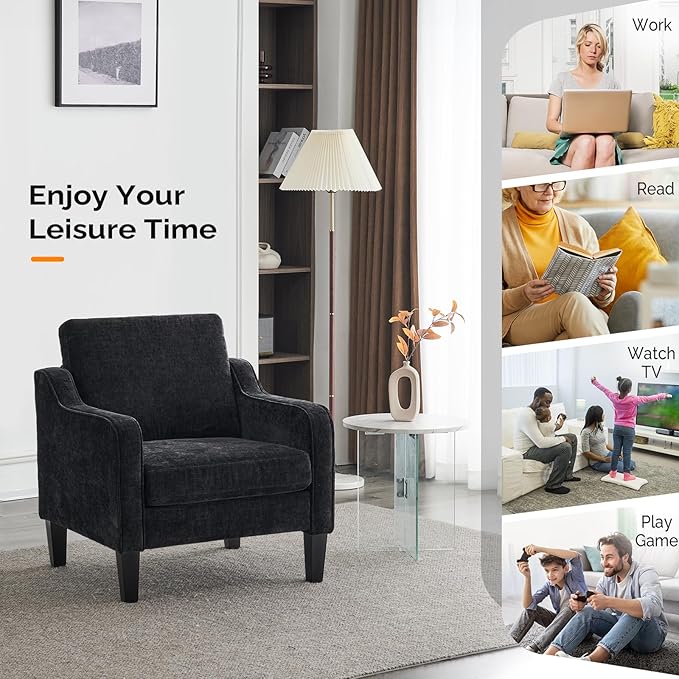 VINGLI Living Room Chairs Set of 2, Black Accent Chair 5.5" Thick Seat Cushion Comfy Chair Soft Chenille Side Chair Upholstered Arm Chair for Bedroom, Play Room, Apartment, Office (Black)
