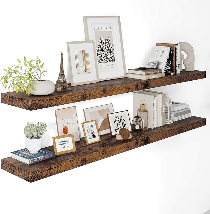 12" Deep Floating Shelves for Wall 55 Inches Long, Heavy Duty Wall Shelves for Bedroom Bathroom Kitchen Laundry Room, Farmhouse Rustic Shelves for Home Decor, 55" X 12" X 2" Set Of 2, Rustic Brown