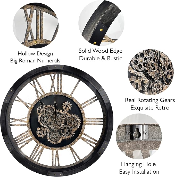 DORBOKER 30" Large Wall Clock Moving Gears,Oversized Industrial Rustic Farmhouse Clocks for Living Room Decor Office Home, Solid Wood Retro Metal HD Tempered Glass Cover,Black and Vintage Bronze