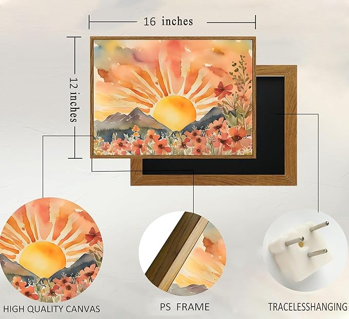 Framed Boho Sun Canvas Wall art Mid-Century Modern Abstract Bohemian Sunset in The Mountains Watercolor Wildflowers Sunrise Landscape Picture Wall Decor Poster Print Artwork for Living Room