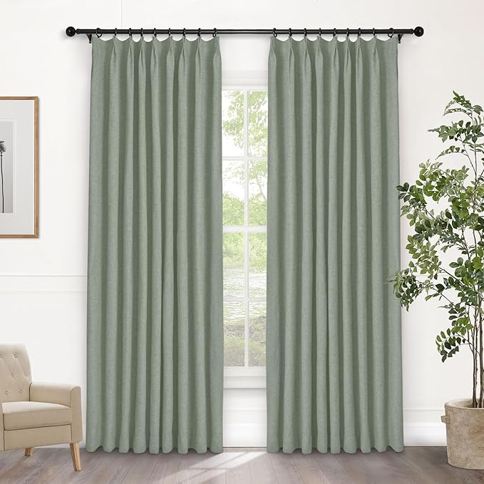 Macochico Fog Green 100% Blackout Linen Curtains 96 Inches Long Pinch Pleated Curtains for Bedroom Living Room Nursery Farmhouse Insulated Sound Reducing Drapery with Tieback 84”Wx96”L 1 Panel