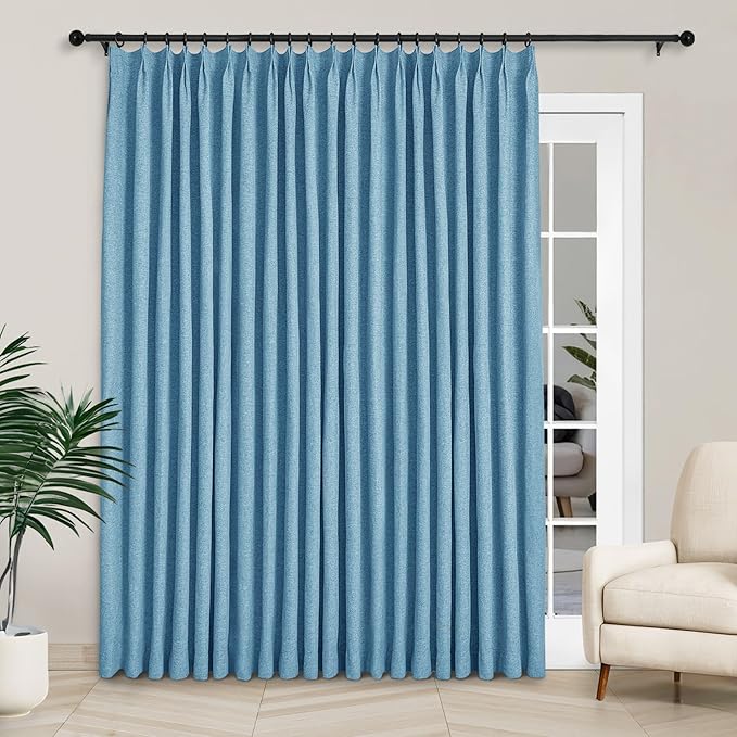 Macochico Extra Wide Full Blackout Linen Curtains for Sliding Door Blue Pinch Pleated Linen Curtains 96 Inches Long for Bedroom Living Room Farmhouse with Tieback 120”Wx96”L 1 Panel