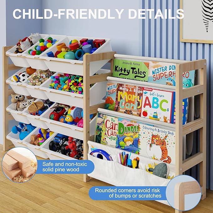 Large Toy Storage Organizer with Bookshelf, Toy Organizers and Storage with 12 Storage Bins, 4 Tier Multipurpose Toys Organizer Storage for Kids Room, Playroom, Nursery Room, White