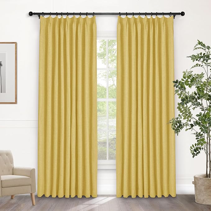 Macochico Pinch Pleated Full Blackout Curtains for Bedroom Living Room Yellow Linen Curtains Thermal Insulated and Noise Reducing Window Panels with Tieback Shabby Chic Decor 84”Wx84”L 1 Panel