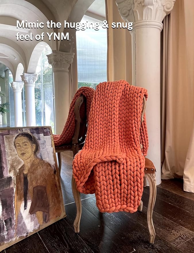 YnM Chunky Throw Blanket, Medium-Weight, Hand Knitted, Skin Friendly, Ventilated and Breathable, Machine Washable, Home Décor Piece for Couch, Sofa and Bed (Exotic Orange, 50x70 Inch)