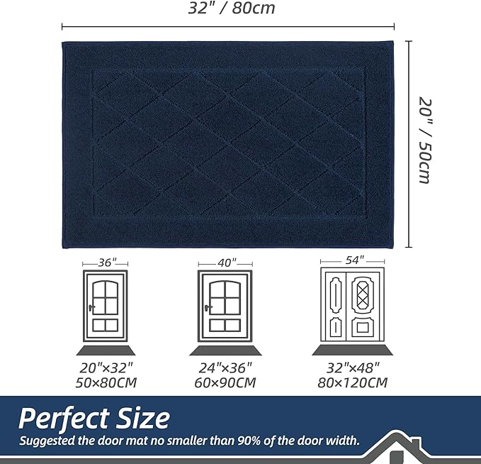BEQHAUSE Dirt Trapper Door Mat 20" x 32", Doormat Non-Slip Entryway Rugs Washable, Dog Door Mat Stain Resistant and Absorbent Welcome Floor Mat for Front Back Door, Muddy Wet Shoes & Paws, Navy Blue