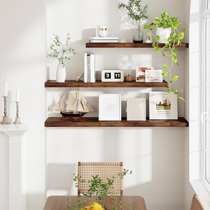 40 Inch Floating Shelvese, 40" W x 9" D Floating Shelf Set of 2, Farmhouse Wood Wall Shelves for Bedroom, Kitchen, Wall Mounted Deep Shelving for Home Decor, Rustic Brown Color