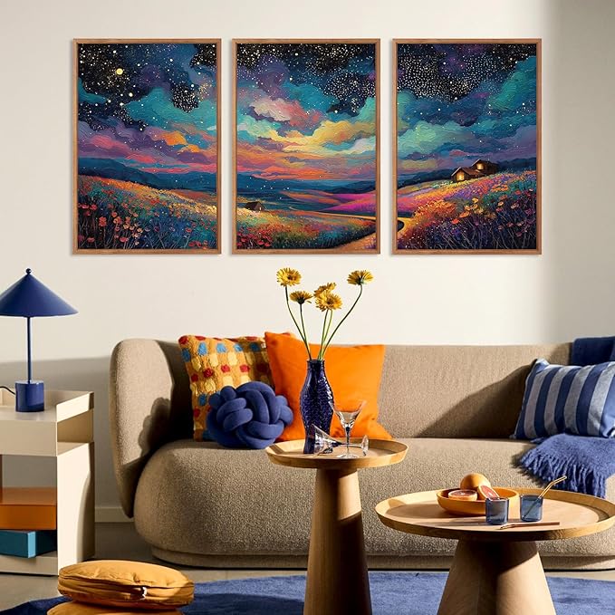 KAIRNE Framed Abstract Midnight Canvas Wall Art,Starry Night Prints Set of 3(16”X24”),Colorful Wildflowers Wall Decor,Nature Night Scene Paintings for Living Room Bedroom office Farmhouse Decoration
