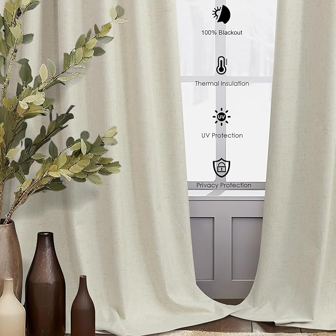 Short Linen Blackout Curtains for Bedroom 45 Inches Length 2 Panels Set Cafe Kitchen Bathroom Curtains for 42 Inch Small Window Light Blocking Thermal Insulated Drapes for Laundry Room Back Tab Beige