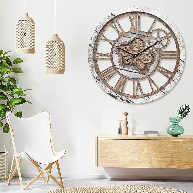 HOIBAI Large Wall Clock, 20 Inch Wall Clocks for Living Room Decor Farmhouse Vintage Rustic Kitchen Wall Decor Vintage Roman Big Oversized Wall Clock for Home Bedroom House Office, Moving Gears Clock