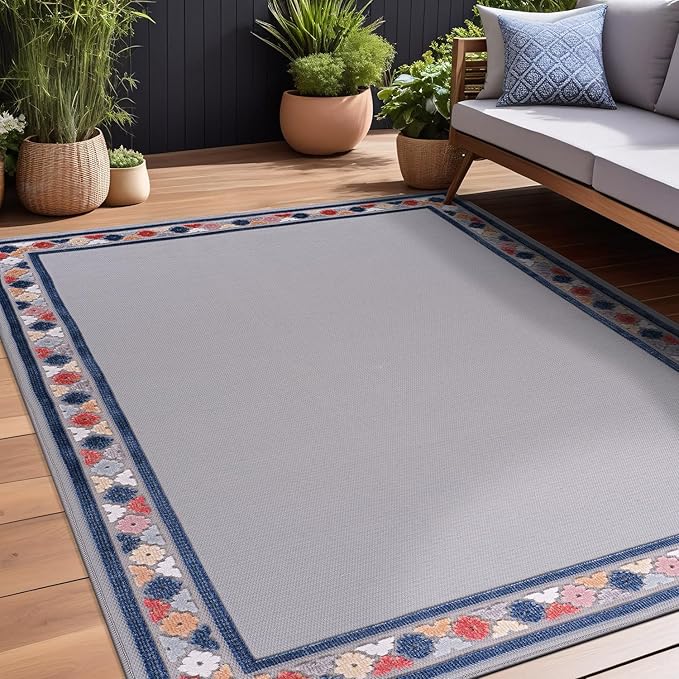 Beverly Rug Outdoor Rug 6x9 Modern Bordered Area Rugs for Indoor and Outdoor Patio Easy to Clean Non Shedding Living Room Porch Garden Washable Outside Carpet (6 x 9 Gray)
