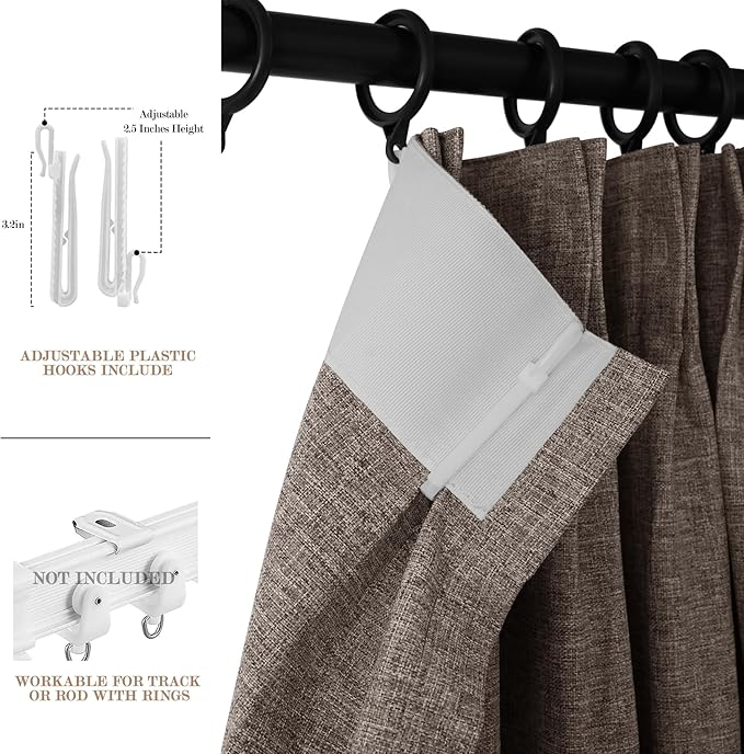 100% Blackout Linen Textured Drapes for Bedroom Pinch Pleated Curtains for Track System Portable Drapery for Sliding Glass Door/Storage/Space Room Divider, 70" Wx96 L, 1 PC, Light Coffee