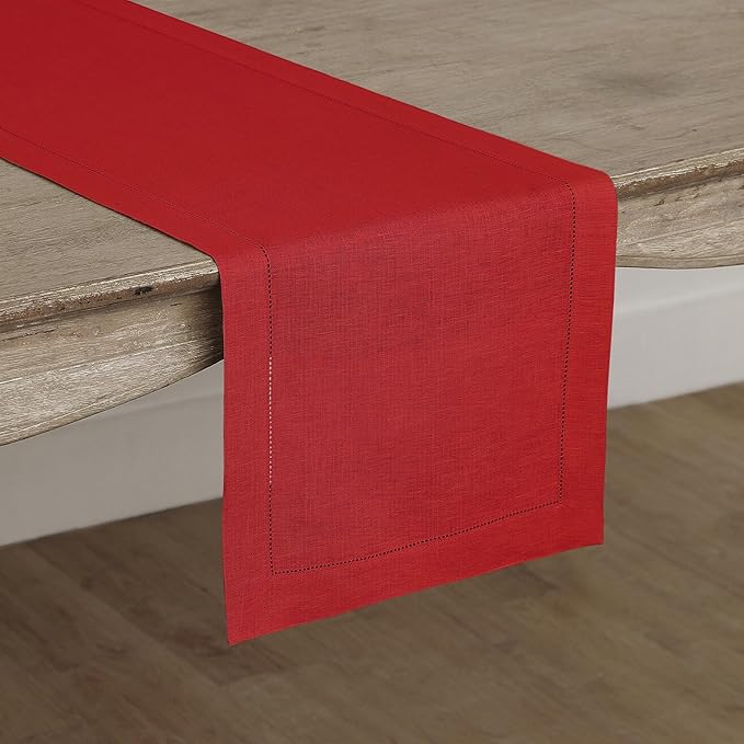 Solino Home Linen Red Table Runner 120 Inches Long - 100% Pure Linen 14 x 120 Inch Table Runner - Classic Hemstitch