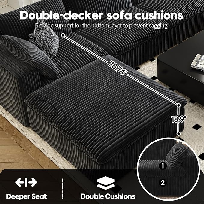 157.5" Cloud Couch Modular Sectional Sofa for Living Room,Modern Sofa with Deep Seat，L-Shape Boneless Couch with Ottoman,Comfy Upholstered Corduroy Couches for Apartment, Studio, Office,Bedroom，Black