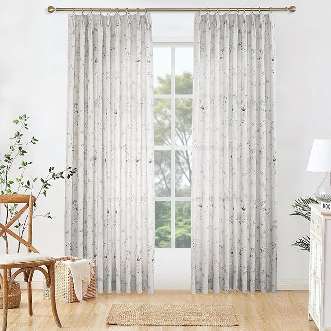 Pinch Pleated Floral Linen Curtains, 72 Inch Wide by 84 Inch Long Printed Curtains for Privacy Light Filtering, Suitable for Living Rooms and Sunrooms.2 Panels