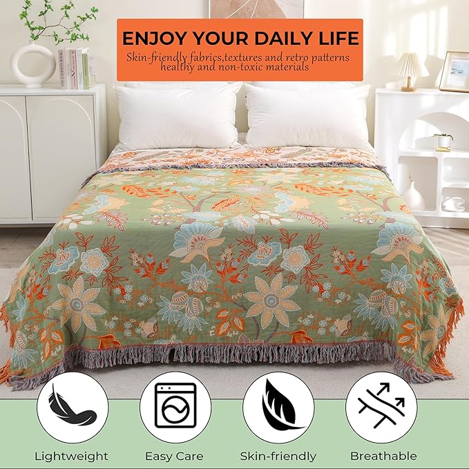 Boho Throw Blanket for Bed-Soft Cotton Rustic Quilt 80"×90",Floral Printed Farmhouse Decor Muslin Bed Blankets for Sofa Couch Chair, Seasons