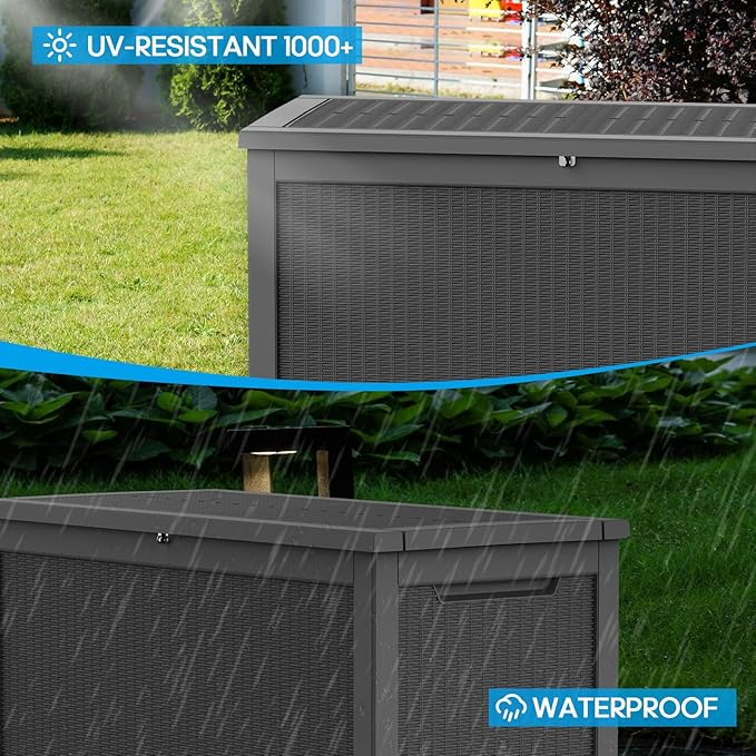 Large Deck Box 260 Gallon, Resin Patio Storage Box with Lockable Lid for Patio Furniture, Garden Tools, Pool Accessories, Weatherproof Outdoor Storage Bin, Black