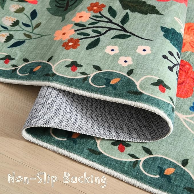 Bedroom Rug 3x5 Rug Washable Area Rug Non Slip Low Pile Boho Floral Small Carpet for Bedroom, Bedside, Kitchen, Entryway, Kids Room, Office, College Dorm Essentials for Girls(Green)