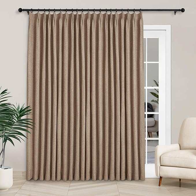 Macochico 100”Wx96”L Pinch Pleated 100% Blackout Linen Curtains Thermal Sliding Curtains for Bedroom Living Room Sliding Glass Door Farmhouse Shabby Chic Taupe Drapery with Tieback 1 Panel