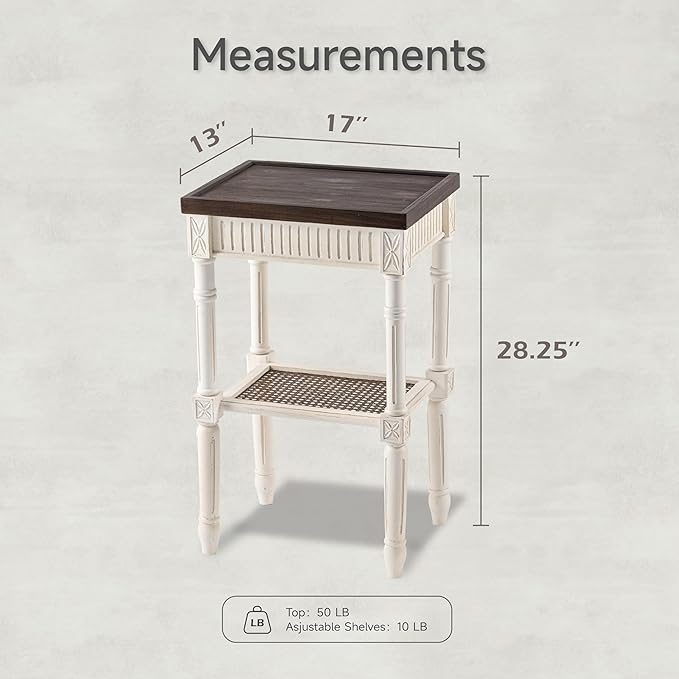 Rustic Farmhouse Cottagecore Accent End Table Set of 2, Distressed Accent Side Table with Espresso Tray Top and Woven Wicker Shelf, Boho, French Country Decor, Square, Weathered Brown & White