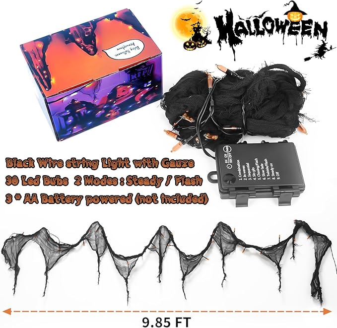 Halloween Horror Atmosphere Lights, Orange&Purple LED String Lights with 9.9FT Creepy Black Gauze, Battery Powered with Timer & 8 Flashing Modes (Orange)
