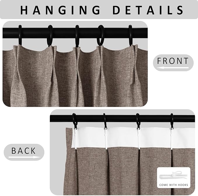 Macochico Pinch Pleated Full Blackout Curtains for Bedroom Living Room Light Brown Linen Curtains Thermal Insulated and Noise Reducing Window Panels with Tieback Shabby Chic Decor 84”Wx84”L 1 Panel