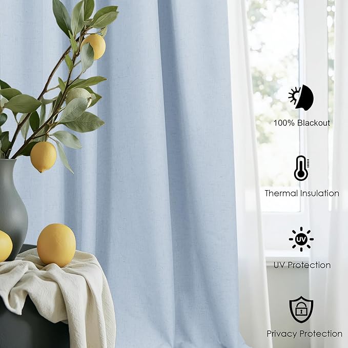 DANCURTON 108 Inch Curtains 2 Panel Set Light Blue Linen Floor to Ceiling Darkening Extra Long Living Room Curtains 108 Inches Long Insulated Thermal Drapes for Summer Heat Blocking Patio Sliding Door