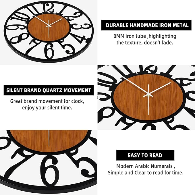 LEIKE 30" Oversized Large Wall Clocks,Silent,Non Ticking,Battery Operated Modern Round Big Wood Decorative Metal Wall Clock for Living Room, Bedroom,Kitchen,Farmhouse,Office Decor - Black,30 Inch