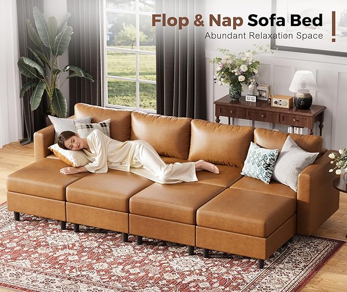 118.5" Faux Leather Modular Sectional Sofa, 7 Seater U Shaped Couch with Storage Seat with Reversible Chaise Deep Seat for Living Room Brown