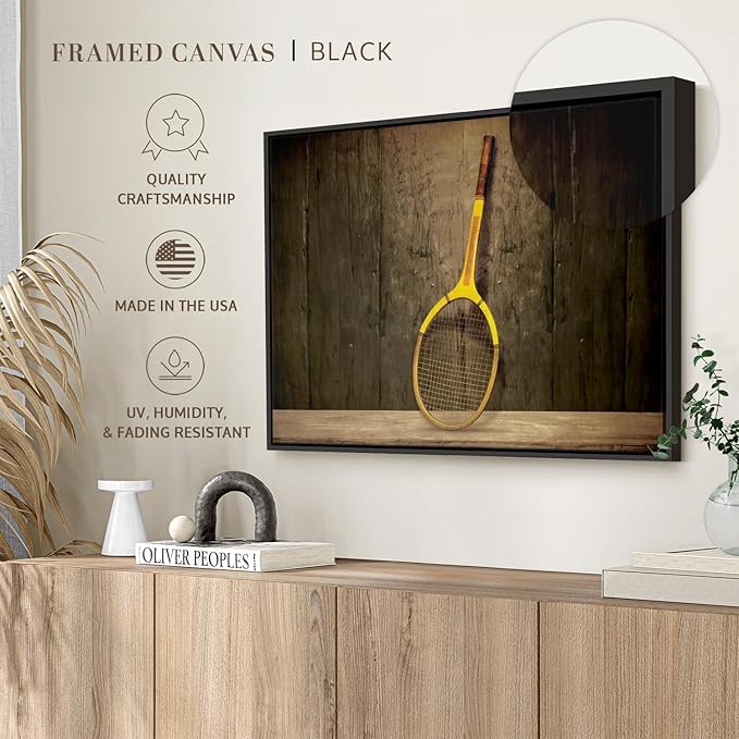 ElephantStock Vintage Tennis Racket Wall Art - Horizontal Framed Canvas - 1-Piece Living Room Wall Decor - Photography Sports Canvas Print - Brown and Black Decor for Wall - 19" X 13"