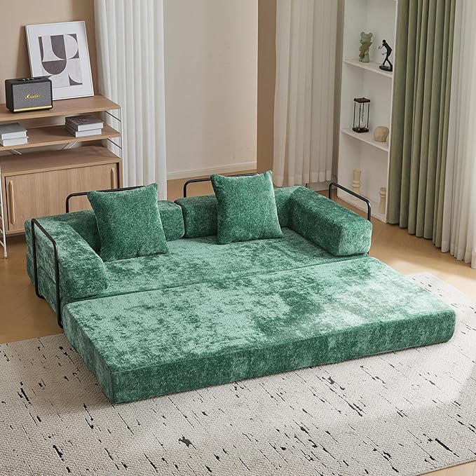 Convertible Sleeper Sofa Bed, Compression Folding Sofa with Pillow, No Assembly Required, Shape Frame, Floor Sofas Lounge Couch for Living Room, Bedroom, Small Spaces(Chenille, 77''W, Dark Green)