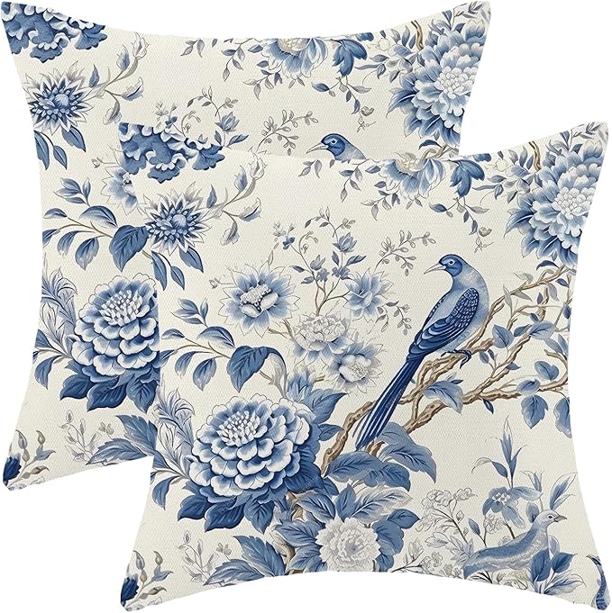 CXMEIFLY Spring Floral Pillow Covers 18 x 18 Inch Set of 2 for Chinoiserie Flowers Bird Decor Throw Pillows Vintage Blue and White Plant Outdoor Decorative Cushion Cases for Couch Bed Decorations