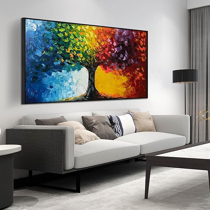 Hand Painted Colorful Tree Painting for Living Room - Bedroom Signs Wall Decor Above Bed - Large Framed Wall Art Size 29" x 59"