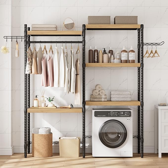 5-Tier Over-The-Washer Shelf - Adjustable 28" Laundry Organizer with 100lb Double Wood Shelves, Space-Saving Storage Unit for Small Homes (Natural & Black)