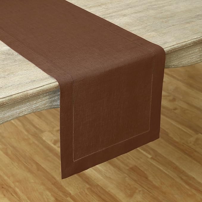 Solino Home Linen Brown Table Runner 90 Inches Long - 100% Pure Linen Hemstitch 14 x 90 Inch Table Runner for Dining, Fall, Autumn, Thanksgiving - Classic Hemstitch