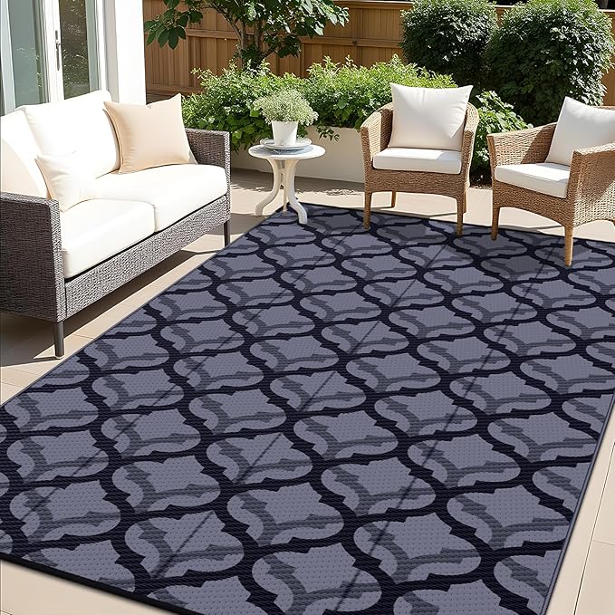 OLANLY Reversible Outdoor Rug 6x9 ft Clearance, Waterproof Outdoor Plastic Straw Rug with Interlacing Pattern, RV Mat for Patio, Camping, Balcony, Deck, Backyard, Black & Grey