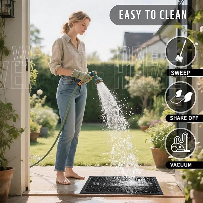 Yimobra Welcome Mat Outdoor Indoor, All-Season Waterproof Front Door Mat Outside Entrance, All-Weather Heavy Duty Non-Slip Doormat, Low Profile Porch Patio Entrance Mats, 29.5x17, Black