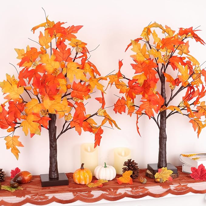 2 Pack 24 Inch Prelit Fall Maple Tree Fall Decor with 48 LEDs Timer Battery Operated Artificial Fall Light Up Tree Maple Acorn for Fall Thanksgiving Decorations Table Home Office Indoor Autumn Harvest