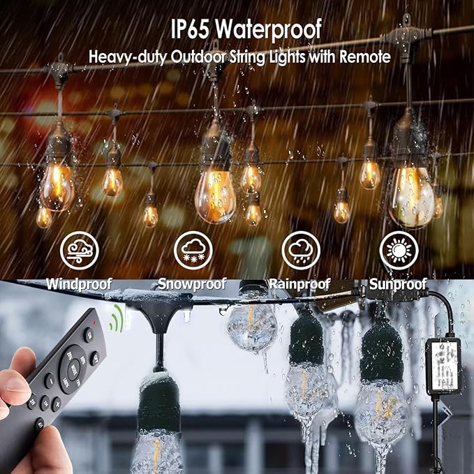 190FT Remote Controlled Outdoor String Lights Patio String Lights for Outside, 60+3 Shatterproof S14 Warm Lights String Outdoor for Bistro Café Gazebo Backyard, Linkable, 2 Pack