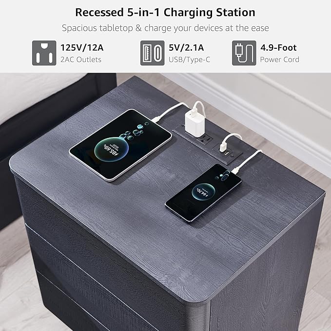 JXQTLINGMU 22" Modern Nightstand Set of 2 with Charging Station, Large Push-to-Open End Table, Wood Bedside Table, Curved Profile, Handleless 3 Drawer Night Stand for Bedroom, Living Room, Black
