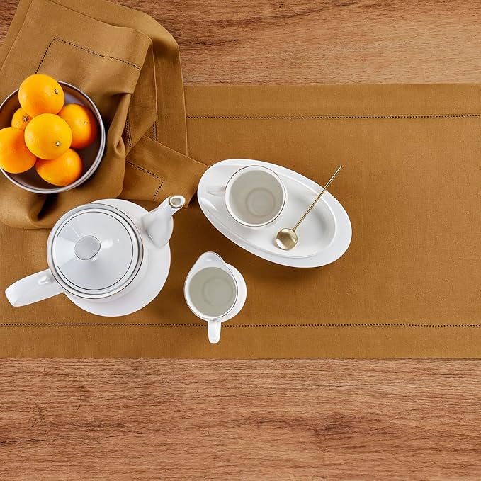 Solino Home Linen Hemstitch Table Runner 60 Inches - 100% Pure Linen Brown Sugar Hemstitch Table Runner 14 x 60 Inch Ideal for Dresser and Coffee Tables - Fall, Thanksgiving - Classic Hemstitch