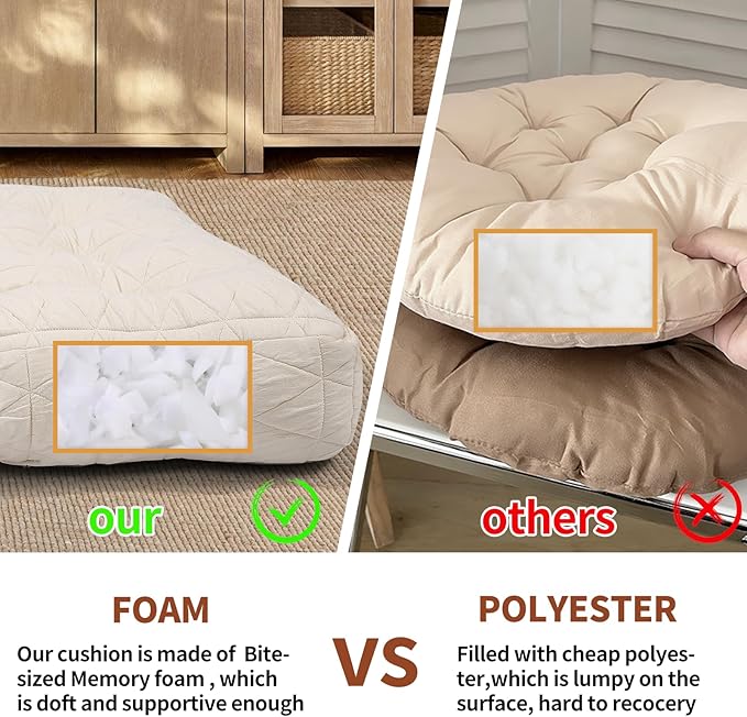 Large Chair Cushions with Handle, 20"x 20" Bite-Size Memory Foam Seat Cushions for Wicker Chair, Patio Non-Slip Rattan Chair Pads, Square Floor Cushion, Beige