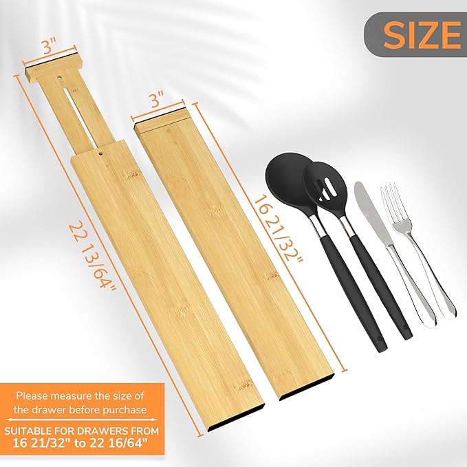 BAMEOS 3" H Bamboo Drawer Dividers - Adjustable Expandable Drawer Organizer - Kitchen, Bathroom, Bedroom & Office, 4-pack