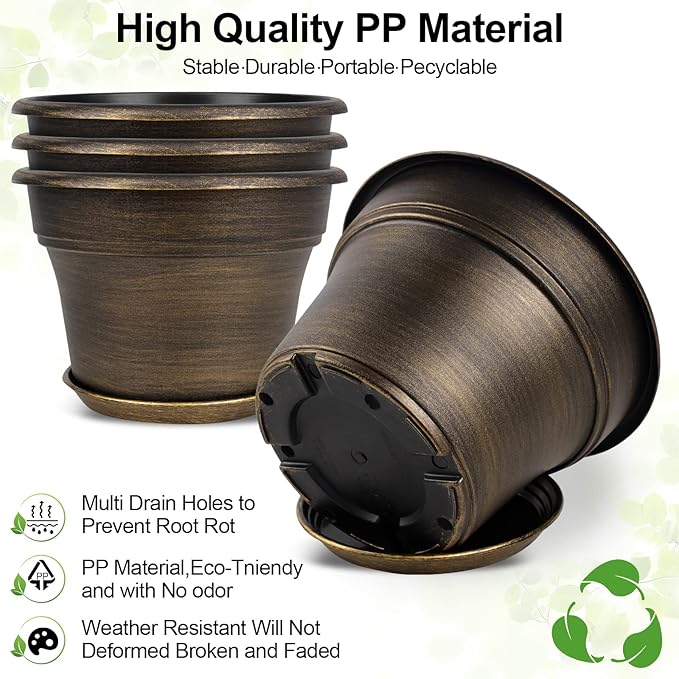 Plant Planters Pots Set of 4 Pack 10 Inch, Plastic Flower Pot for Indoor Plants with Drainage Holes & Trays, Resin Decorative Container Sets with Saucer for House Outdoor Garden Planters Dark Gold